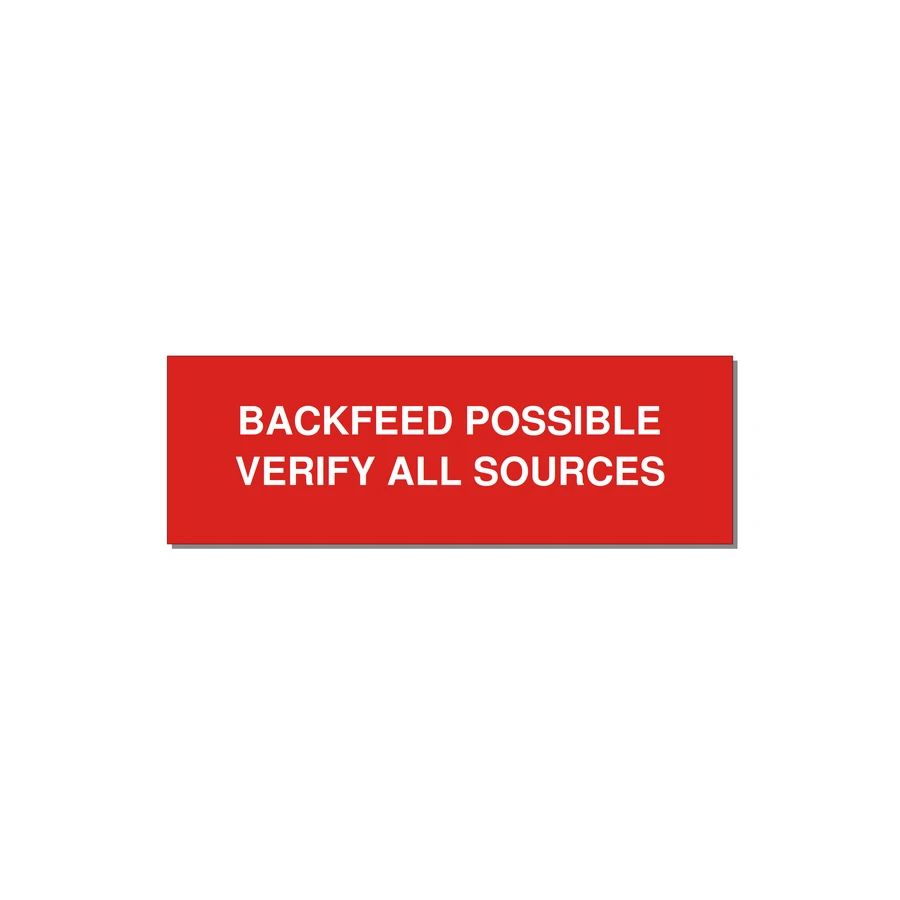 3.0x1.0" Safety Label - BACKFEED POSSIBLE VERIFY — 3x1" White on Red, Adhesive