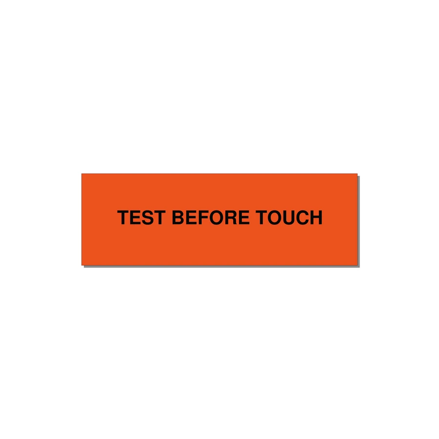 3.0x1.0" Safety Label - TEST BEFORE TOUCH — 3x1" Black on Orange, Holes