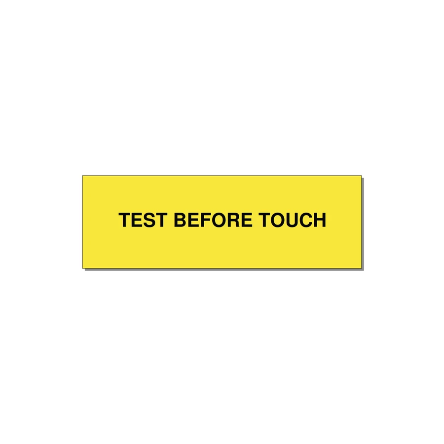3.0x1.0" Safety Label - TEST BEFORE TOUCH — 3x1" Black on Yellow, Holes