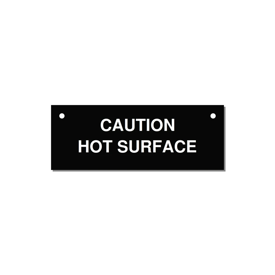 4.0x1.5" Caution Safety Label - CAUTION HOT SURFACE — 4x1.5" White on Black, Holes
