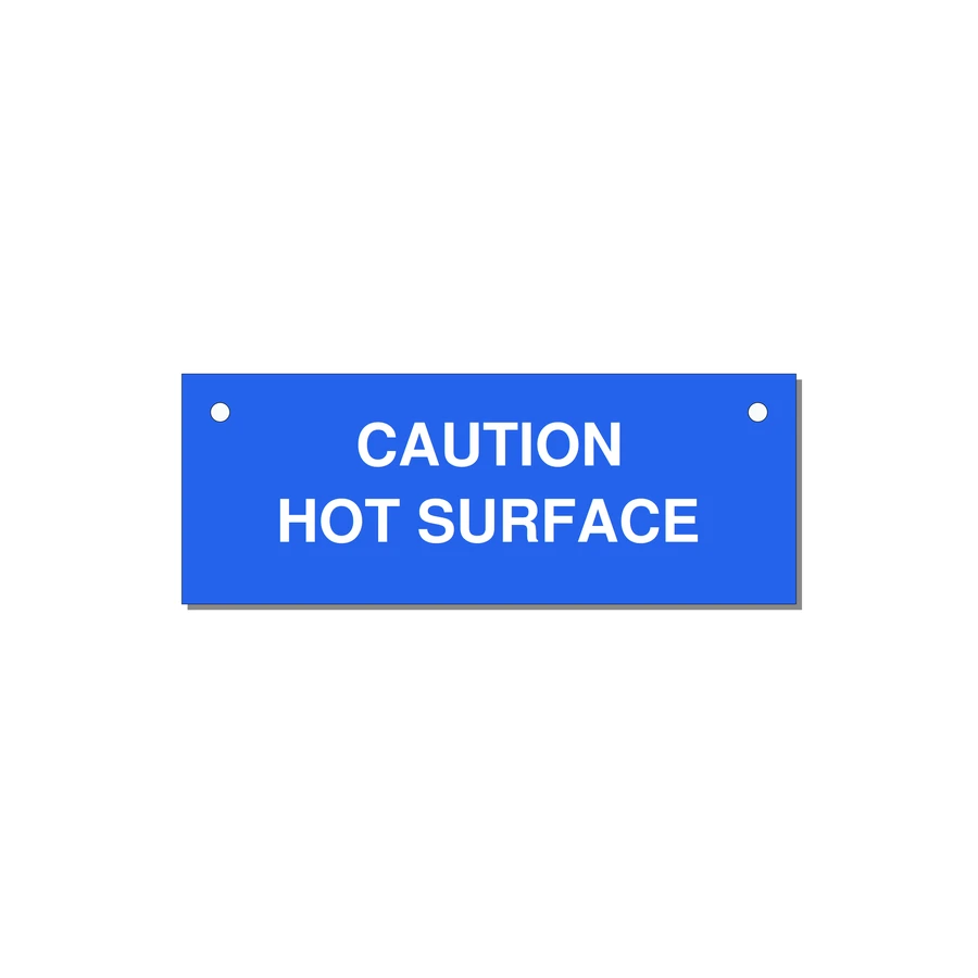 4.0x1.5" Caution Safety Label - CAUTION HOT SURFACE — 4x1.5" White on Blue, Holes