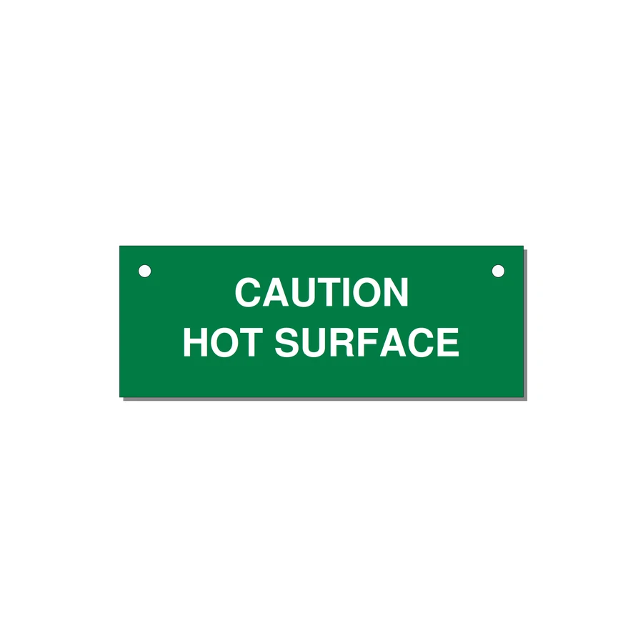 4.0x1.5" Caution Safety Label - CAUTION HOT SURFACE — 4x1.5" White on Green, Holes