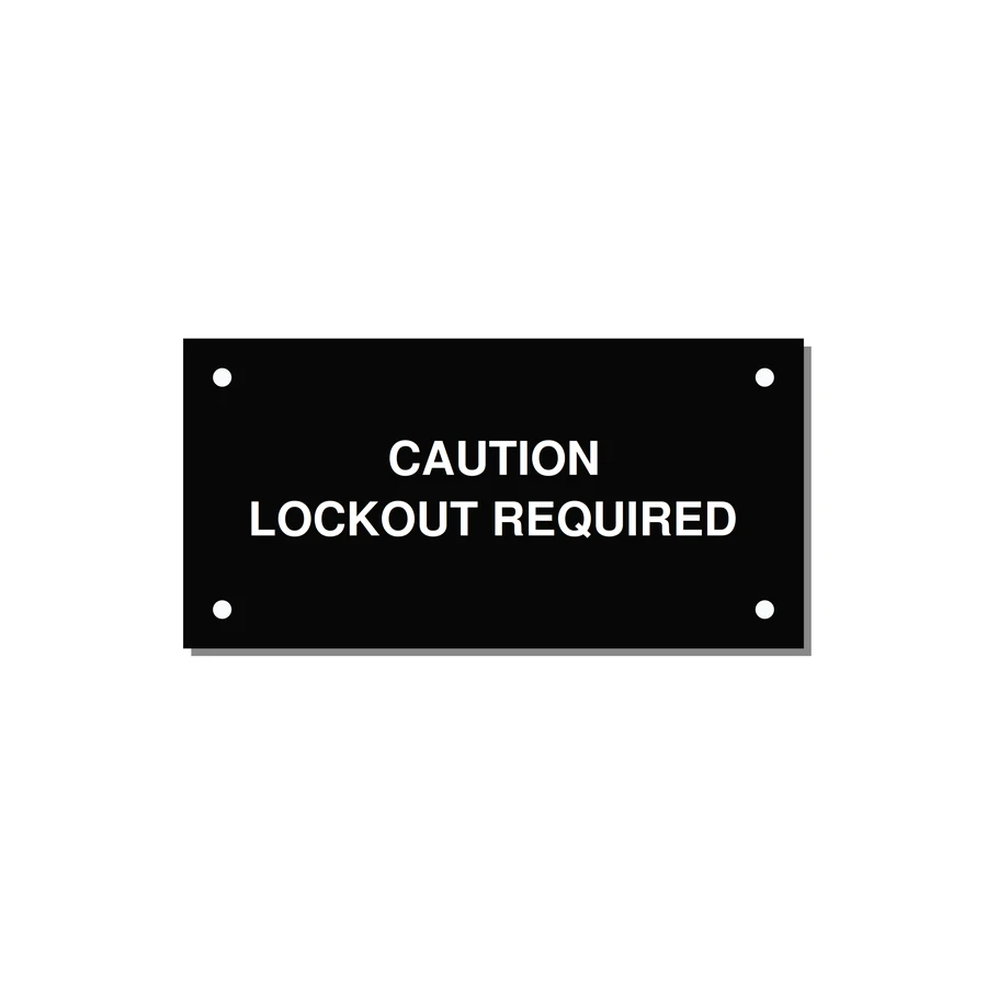 4.0x2.0" Caution Safety Label - CAUTION LOCKOUT REQUIRED — 4x2" White on Black, Holes