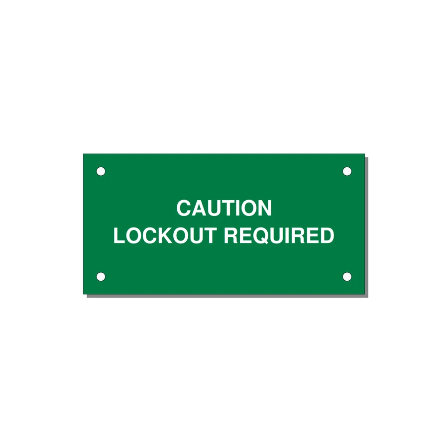 4.0x2.0" Caution Safety Label - CAUTION LOCKOUT REQUIRED — 4x2" White on Green, Holes