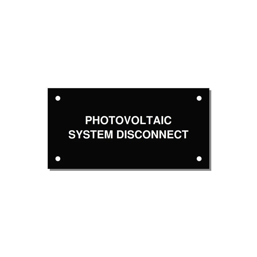 4.0x2.0" Disconnect Switch Label - PHOTOVOLTAIC SYSTEM DISCO — 4x2" White on Black, Holes