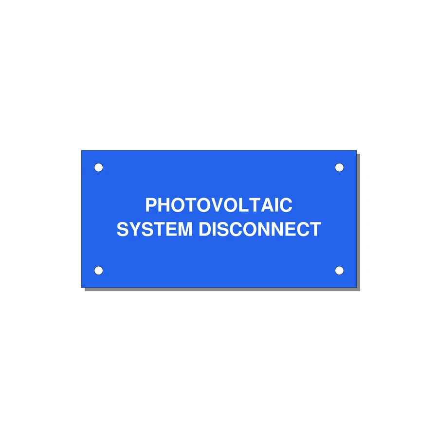 4.0x2.0" Disconnect Switch Label - PHOTOVOLTAIC SYSTEM DISCO — 4x2" White on Blue, Holes