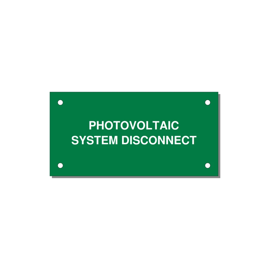 4.0x2.0" Disconnect Switch Label - PHOTOVOLTAIC SYSTEM DISCO — 4x2" White on Green, Holes