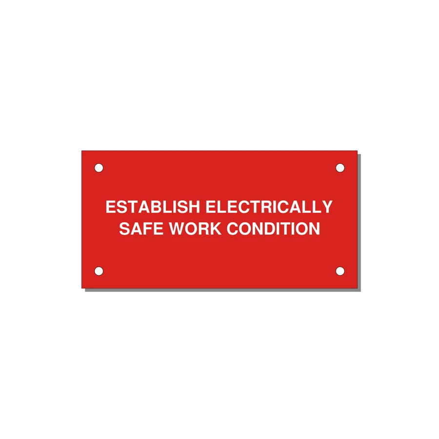 4.0x2.0" Electrical Safety Label - ESTABLISH ELECTRICALLY SA — 4x2" White on Red, Holes