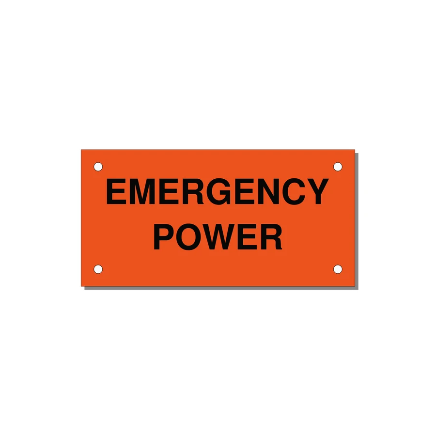 4.0x2.0" Emergency Safety Label - EMERGENCY POWER — 4x2" Black on Orange, Holes