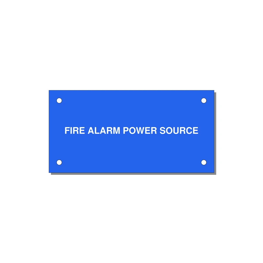 4.0x2.0" Fire Safety Label - FIRE ALARM POWER SOURCE — 4x2" White on Blue, Holes