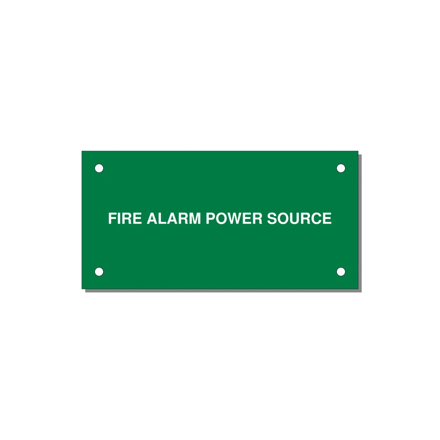 4.0x2.0" Fire Safety Label - FIRE ALARM POWER SOURCE — 4x2" White on Green, Holes