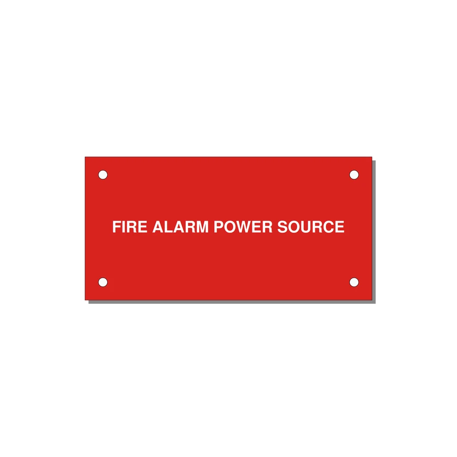4.0x2.0" Fire Safety Label - FIRE ALARM POWER SOURCE — 4x2" White on Red, Holes