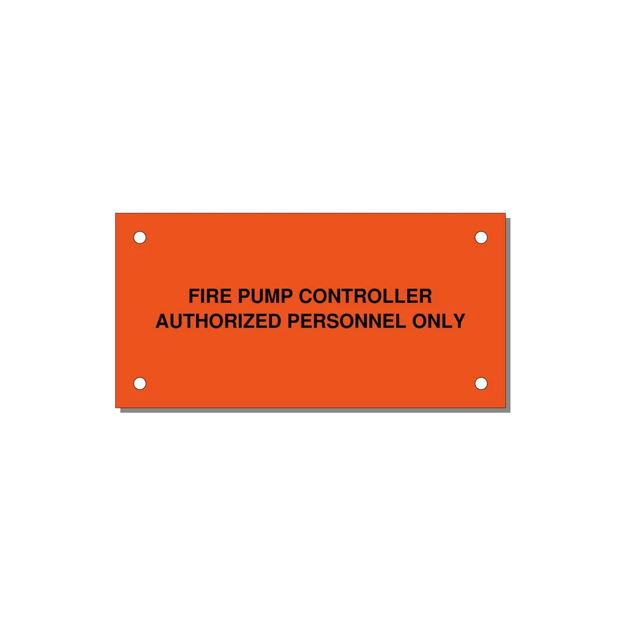 4.0x2.0" Fire Safety Label - FIRE PUMP CONTROLLER AUTH — 4x2" Black on Orange, Holes