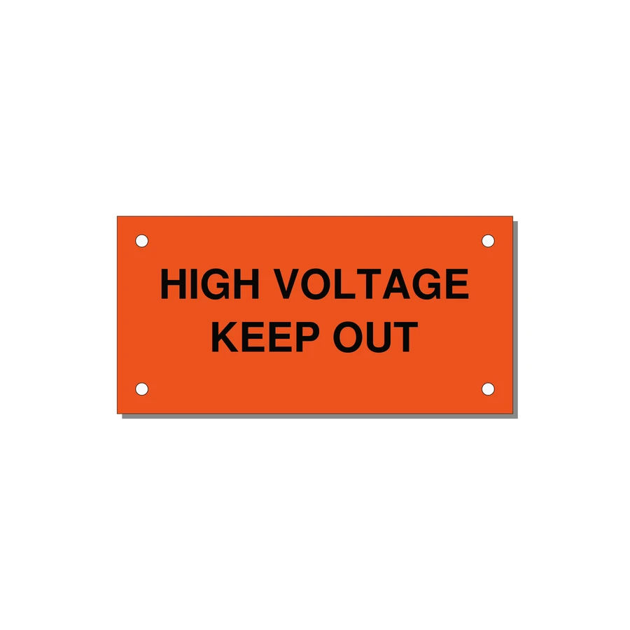 4.0x2.0" High Voltage Warning Sign - HIGH VOLTAGE KEEP OUT — 4x2" Black on Orange, Holes