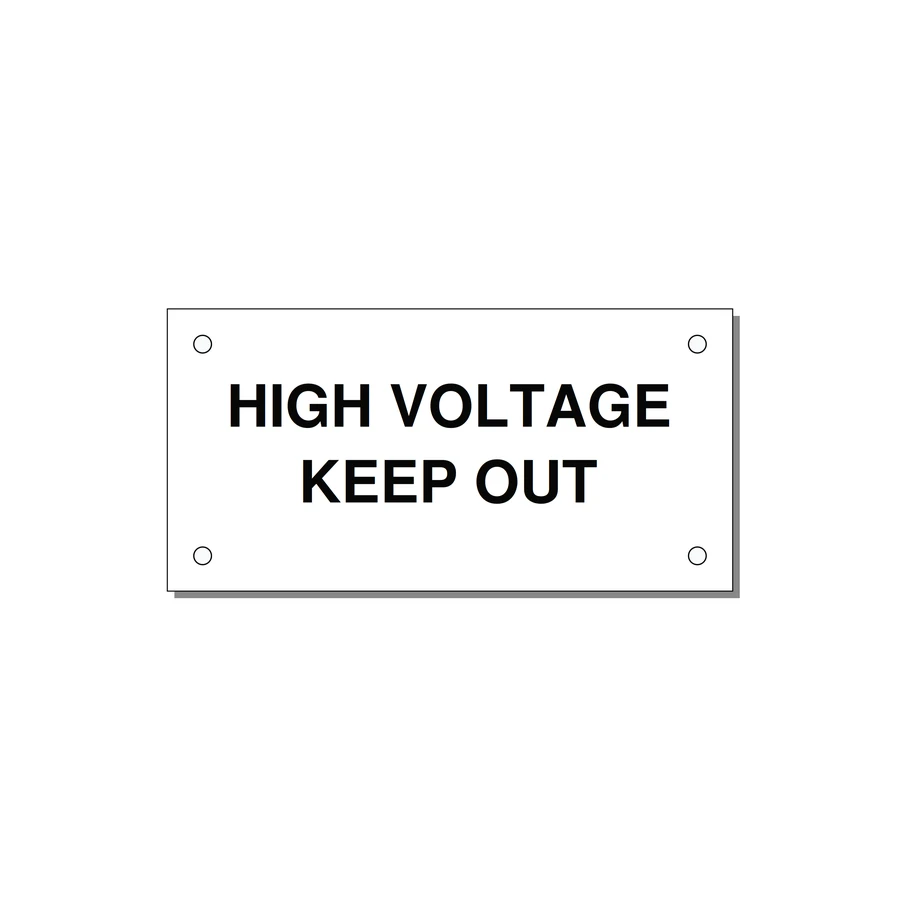 4.0x2.0" High Voltage Warning Sign - HIGH VOLTAGE KEEP OUT — 4x2" Black on White, Holes