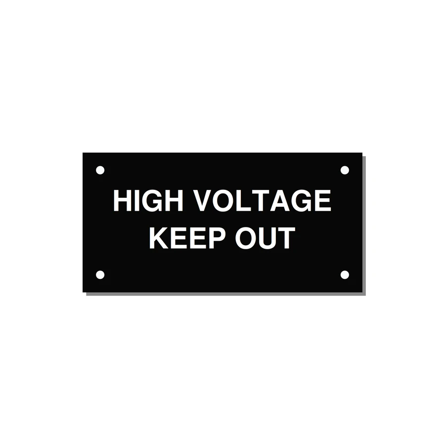 4.0x2.0" High Voltage Warning Sign - HIGH VOLTAGE KEEP OUT — 4x2" White on Black, Holes