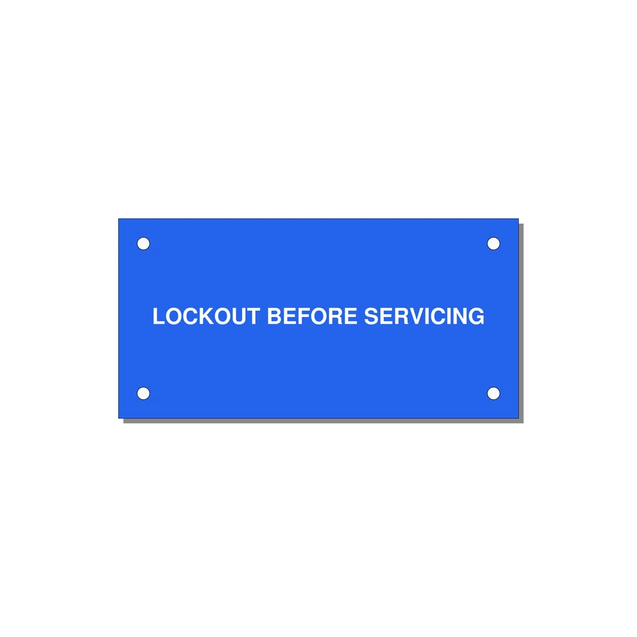 4.0x2.0" Lockout Tagout Label - LOCKOUT BEFORE SERVICING — 4x2" White on Blue, Holes