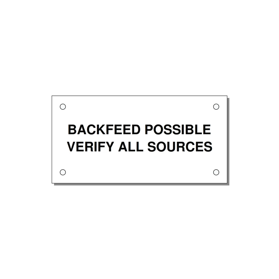 4.0x2.0" Safety Label - BACKFEED POSSIBLE VERIFY — 4x2" Black on White, Holes