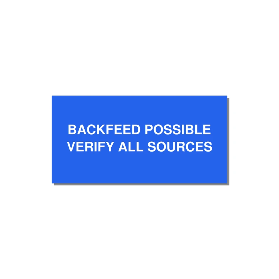 4.0x2.0" Safety Label - BACKFEED POSSIBLE VERIFY — 4x2" White on Blue, Adhesive