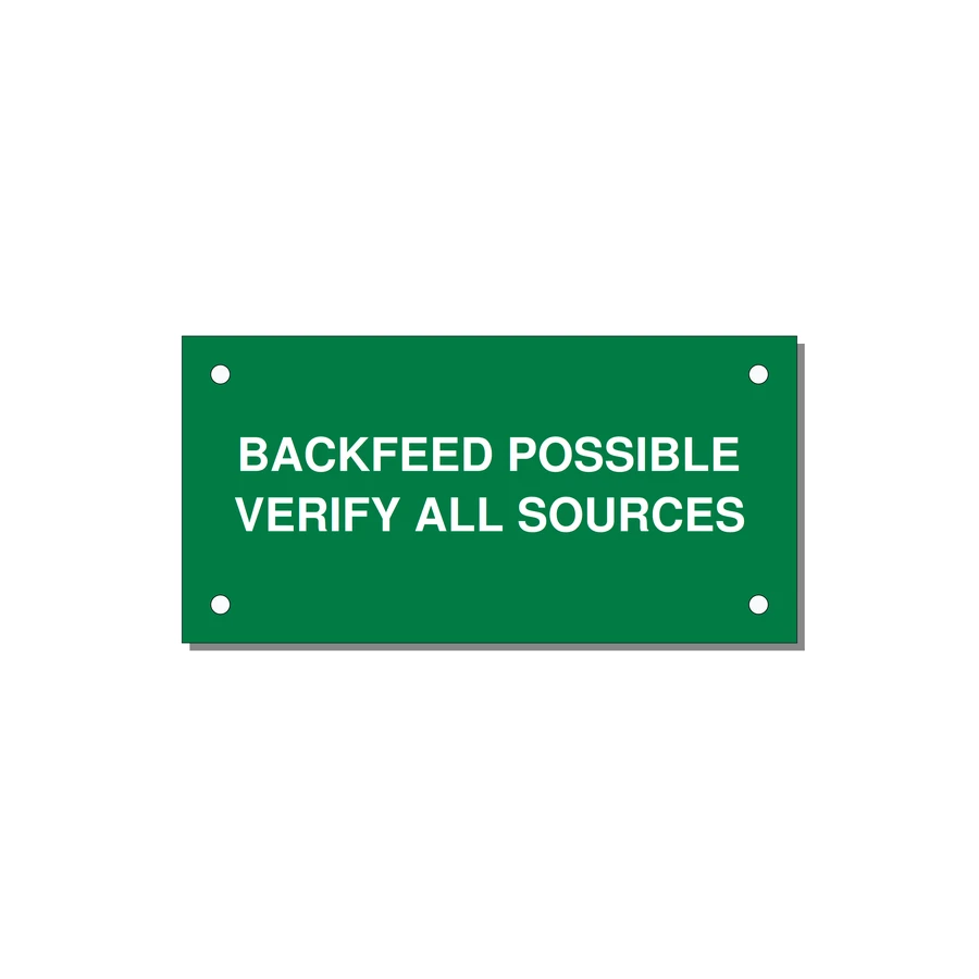 4.0x2.0" Safety Label - BACKFEED POSSIBLE VERIFY — 4x2" White on Green, Holes