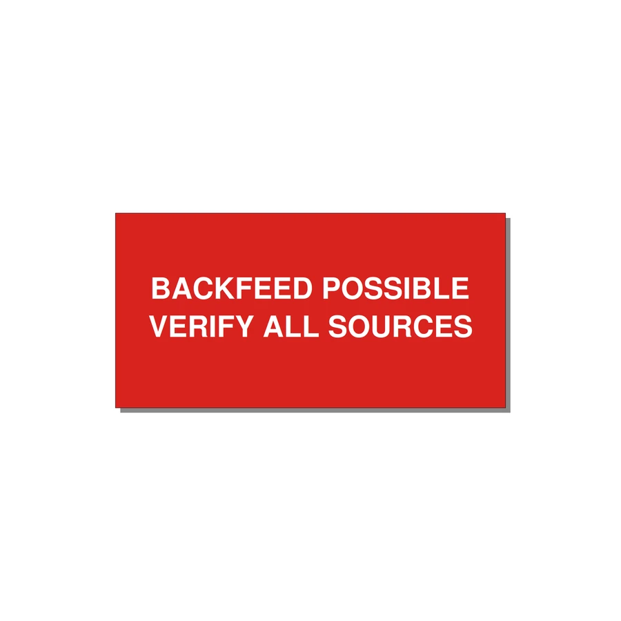 4.0x2.0" Safety Label - BACKFEED POSSIBLE VERIFY — 4x2" White on Red, Adhesive