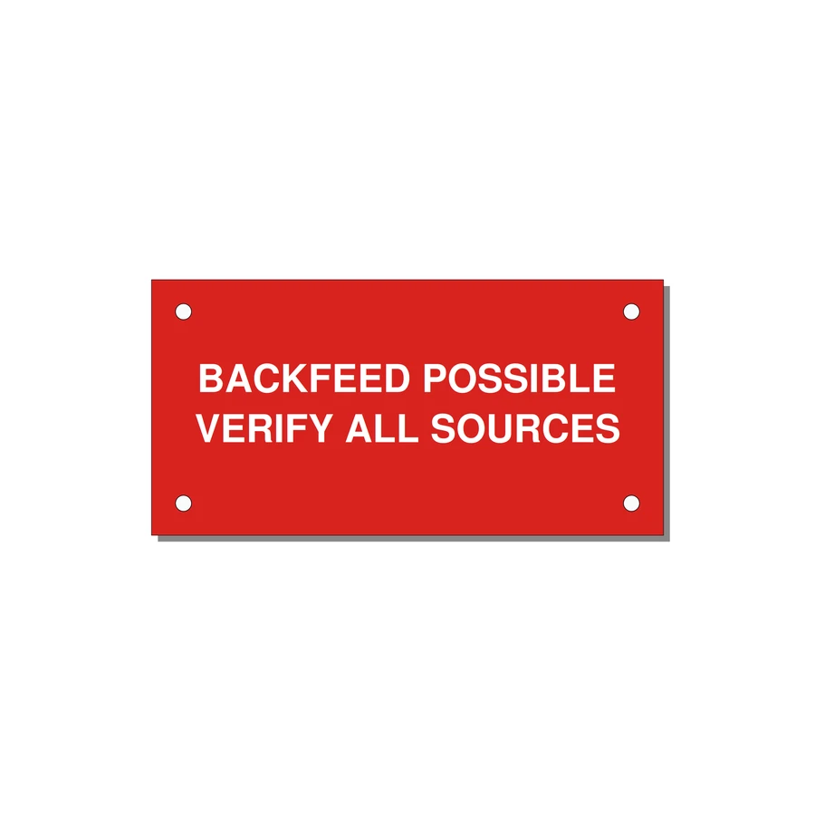 4.0x2.0" Safety Label - BACKFEED POSSIBLE VERIFY — 4x2" White on Red, Holes