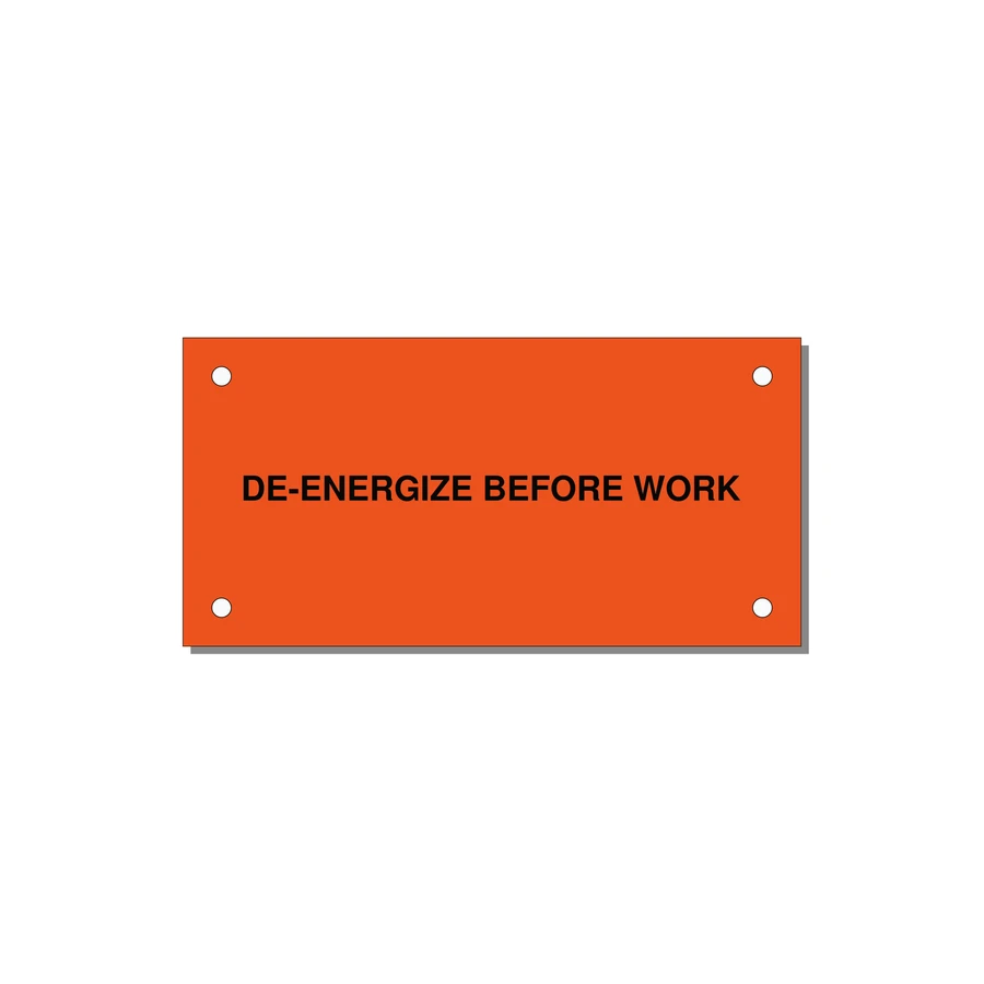 4.0x2.0" Safety Label - DE-ENERGIZE BEFORE WORK — 4x2" Black on Orange, Holes