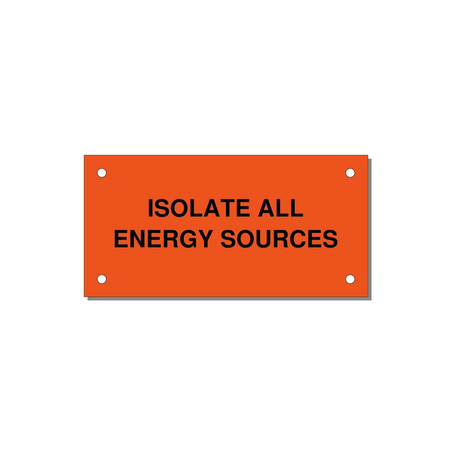4.0x2.0" Safety Label - ISOLATE ALL ENERGY SOURCE — 4x2" Black on Orange, Holes