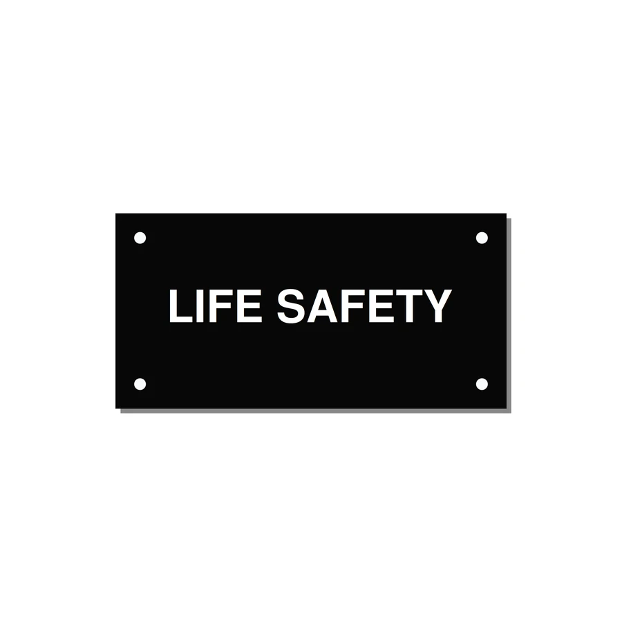 4.0x2.0" Safety Label - LIFE SAFETY — 4x2" White on Black, Holes