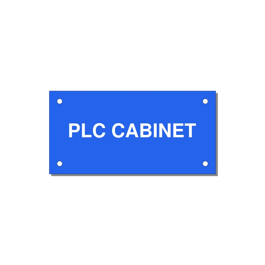 4.0x2.0" Safety Label - PLC CABINET — 4x2" White on Blue, Holes
