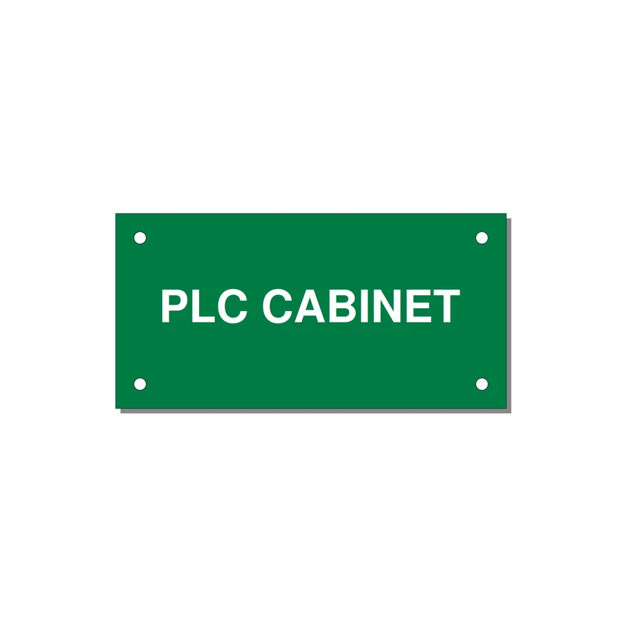 4.0x2.0" Safety Label - PLC CABINET — 4x2" White on Green, Holes