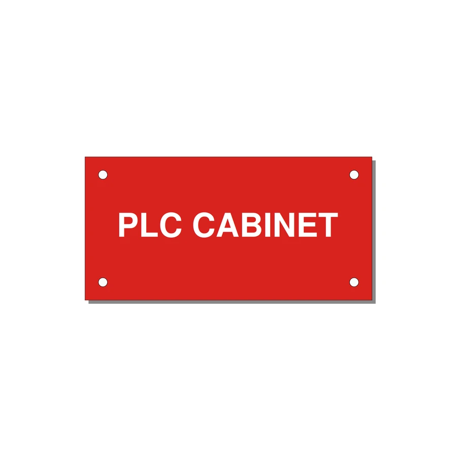 4.0x2.0" Safety Label - PLC CABINET — 4x2" White on Red, Holes