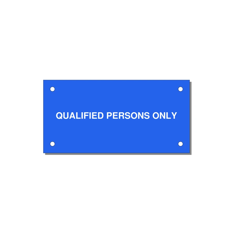 4.0x2.0" Safety Label - QUALIFIED PERSONS ONLY — 4x2" White on Blue, Holes