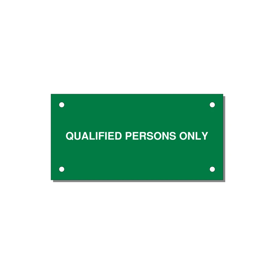 4.0x2.0" Safety Label - QUALIFIED PERSONS ONLY — 4x2" White on Green, Holes