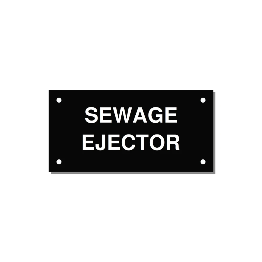 4.0x2.0" Safety Label - SEWAGE EJECTOR — 4x2" White on Black, Holes