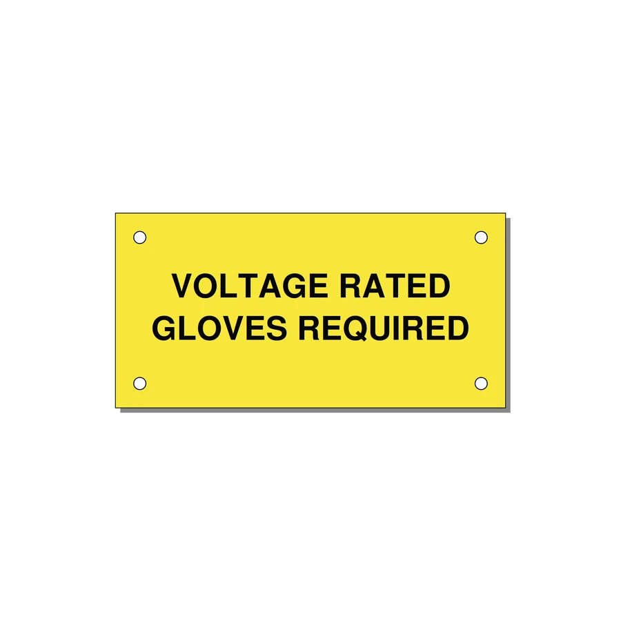 4.0x2.0" Safety Label - VOLTAGE RATED GLOVES REQU — 4x2" Black on Yellow, Holes