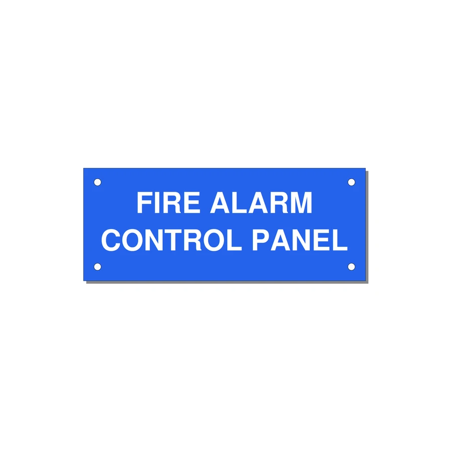 5.0x2.0" Panel Identification Label - FIRE ALARM CONTROL PANEL — 5x2" White on Blue, Holes