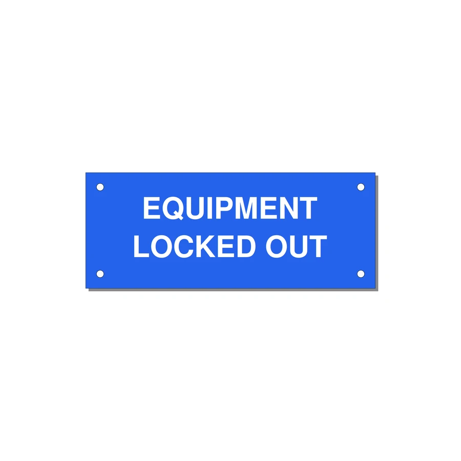 5.0x2.0" Safety Label - EQUIPMENT LOCKED OUT — 5x2" White on Blue, Holes