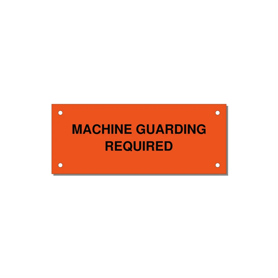 5.0x2.0" Safety Label - MACHINE GUARDING REQUIRED — 5x2" Black on Orange, Holes