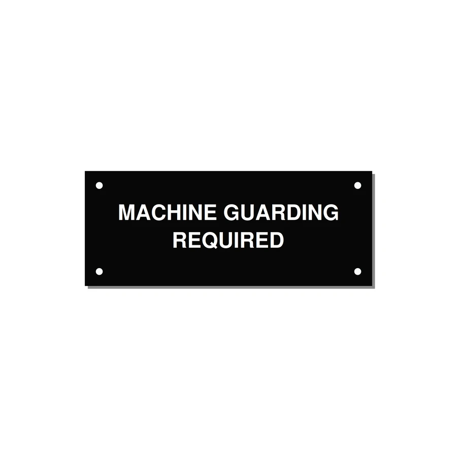 5.0x2.0" Safety Label - MACHINE GUARDING REQUIRED — 5x2" White on Black, Holes