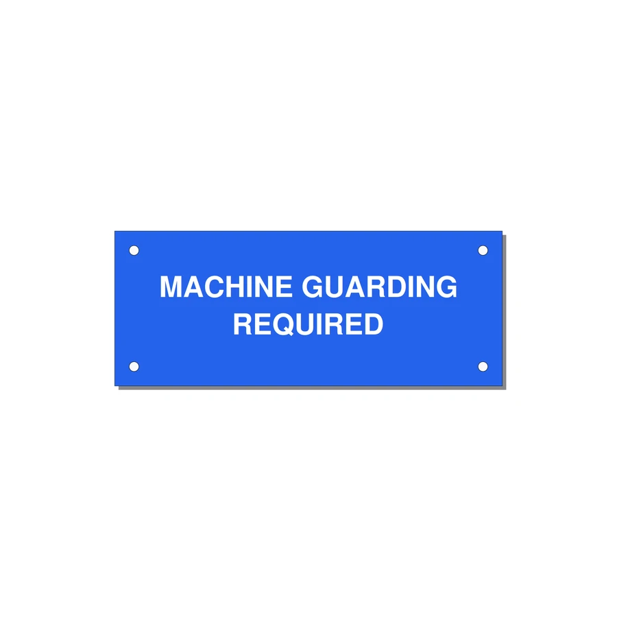 5.0x2.0" Safety Label - MACHINE GUARDING REQUIRED — 5x2" White on Blue, Holes