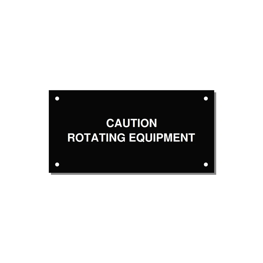 5.0x2.5" Caution Safety Label - CAUTION ROTATING EQUIPMEN — 5x2.5" White on Black, Holes