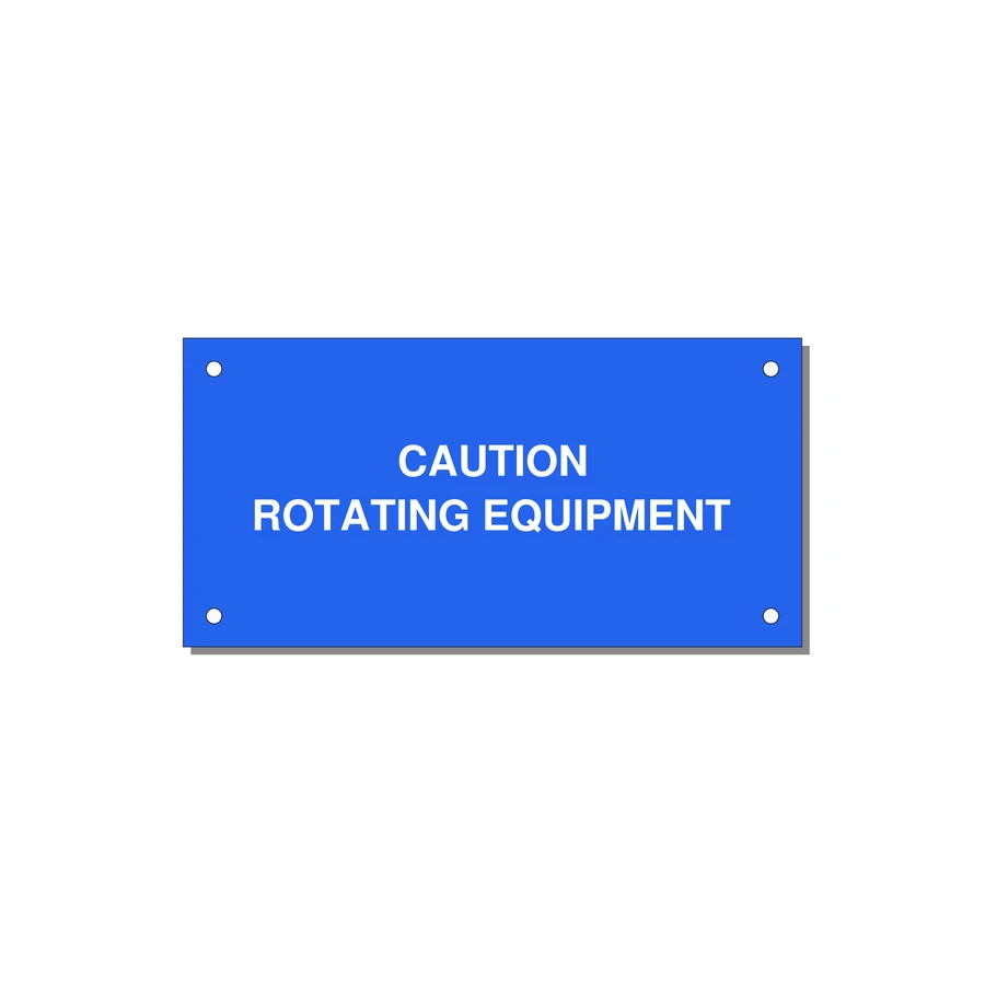 5.0x2.5" Caution Safety Label - CAUTION ROTATING EQUIPMEN — 5x2.5" White on Blue, Holes