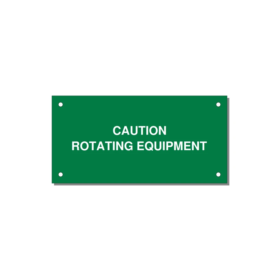 5.0x2.5" Caution Safety Label - CAUTION ROTATING EQUIPMEN — 5x2.5" White on Green, Holes