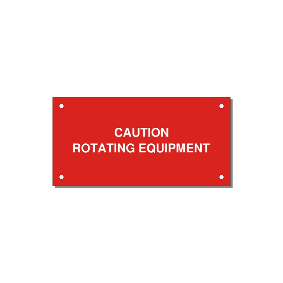 5.0x2.5" Caution Safety Label - CAUTION ROTATING EQUIPMEN — 5x2.5" White on Red, Holes