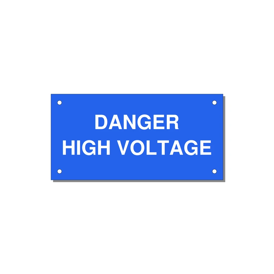 5.0x2.5" High Voltage Warning Sign - DANGER HIGH VOLTAGE — 5x2.5" White on Blue, Holes