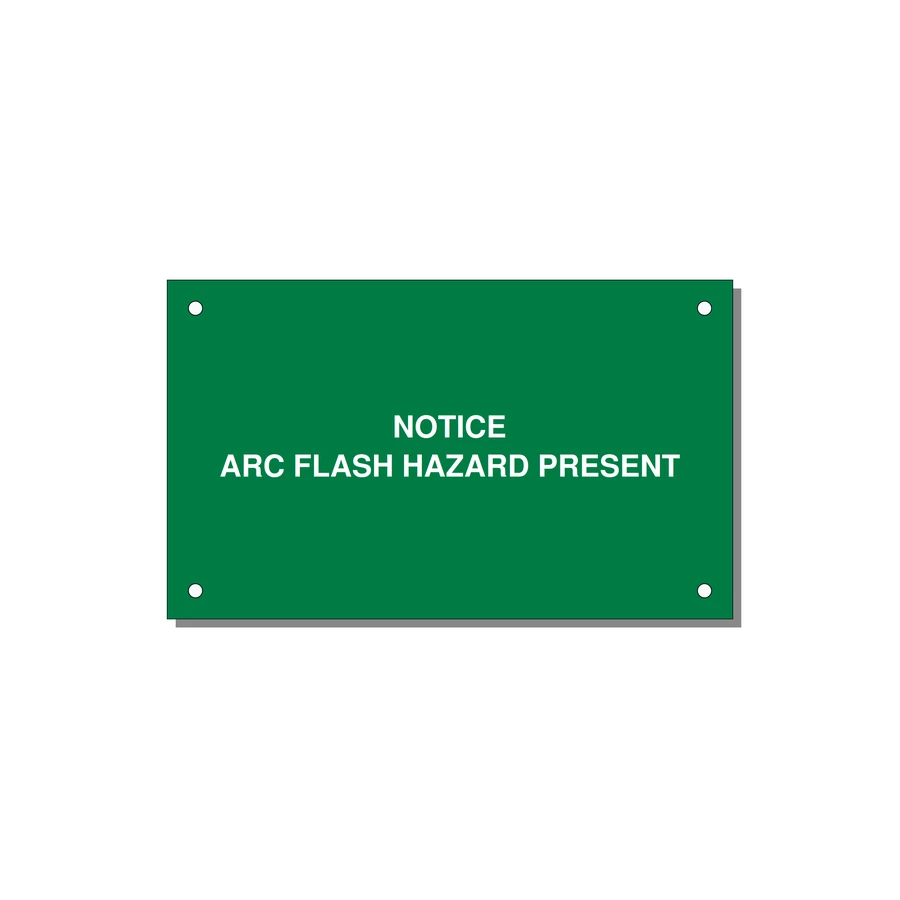 5.0x3.0" Arc Flash Safety Label - NOTICE ARC FLASH HAZARD P — 5x3" White on Green, Holes