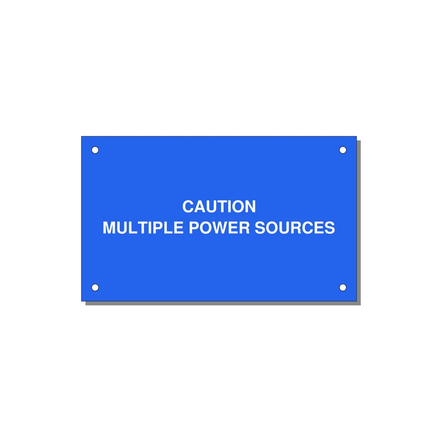 5.0x3.0" Caution Safety Label - CAUTION MULTIPLE POWER SO — 5x3" White on Blue, Holes