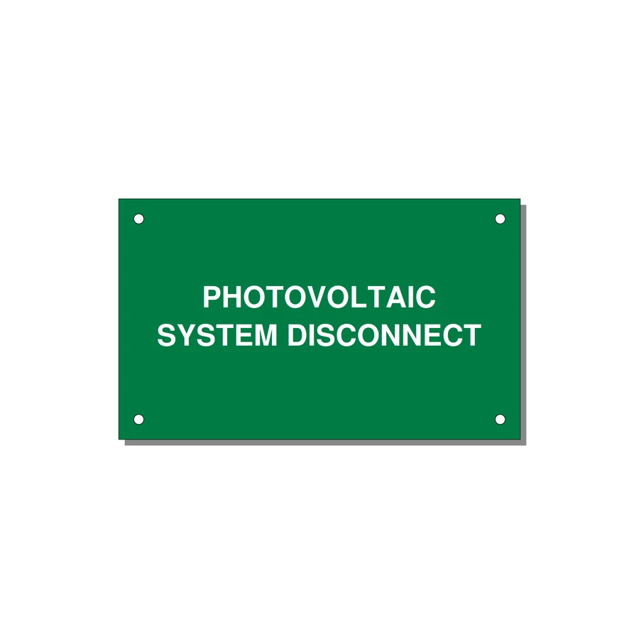 5.0x3.0" Disconnect Switch Label - PHOTOVOLTAIC SYSTEM DISCO — 5x3" White on Green, Holes