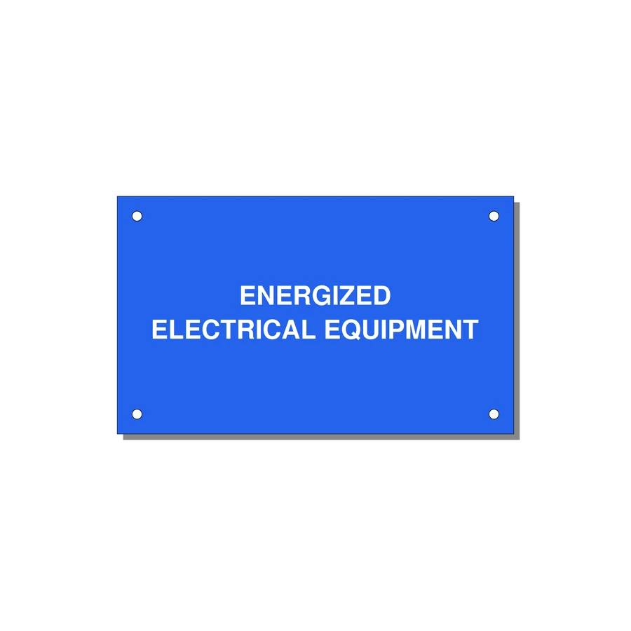 5.0x3.0" Electrical Safety Label - ENERGIZED ELECTRICAL EQUI — 5x3" White on Blue, Holes